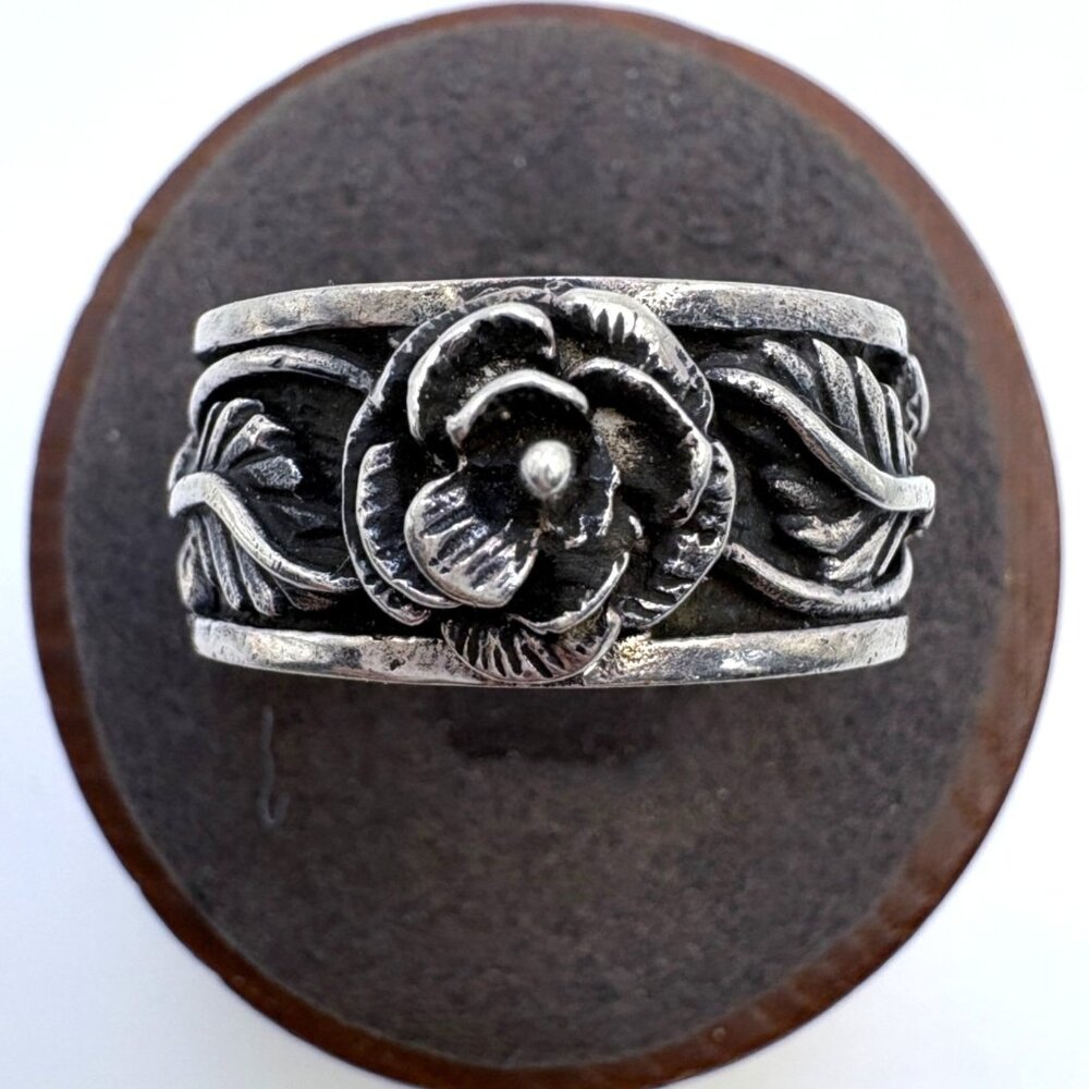 VTG Solid Sterling Silver 925 Rose Design Floral Band Ring Size 10.25 Fit